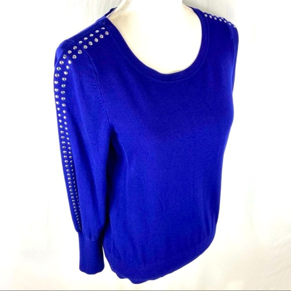 Alfani Petite Royal Blue Silver Studded Long Sleeve Scoop Crew Neck Swea…